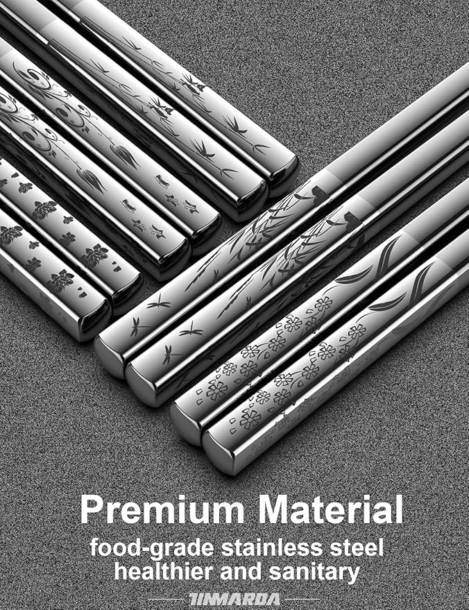 Metal Chopsticks Reusable 5 Pairs 18/8 Stainless Steel Chopstick Beautiful Engraving Patterns Dishwasher Safe Non-Slip Japanese Korean Chop Sticks Present Set