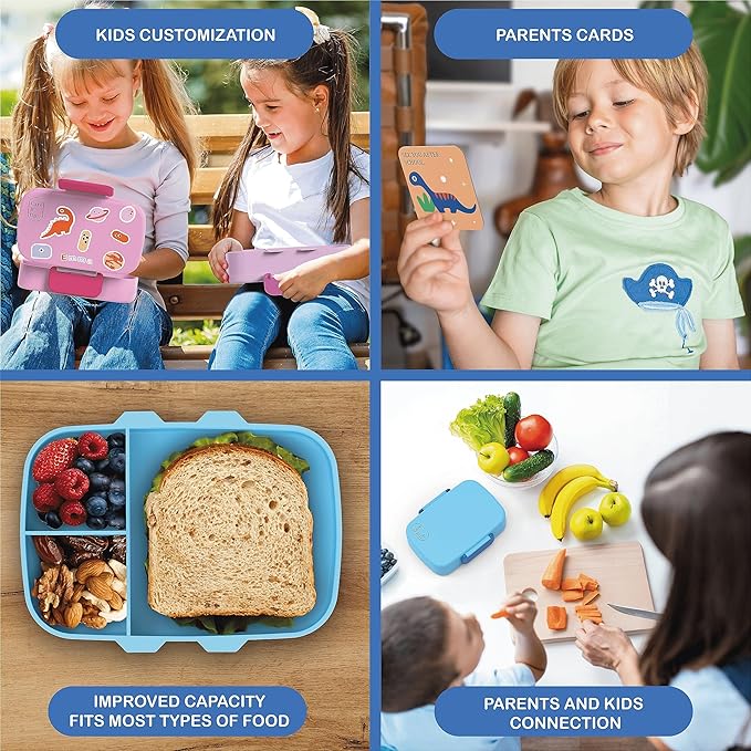 Kids Bento Lunch Box For Boys and Girls With Free Cutlery Set, 6 Sticker Sheets (5+ Years) and Parent Cards - 880 ML Leakproof 3 Compartment Lunch Box for kids, Portion Control Bento Box Kids - Blue