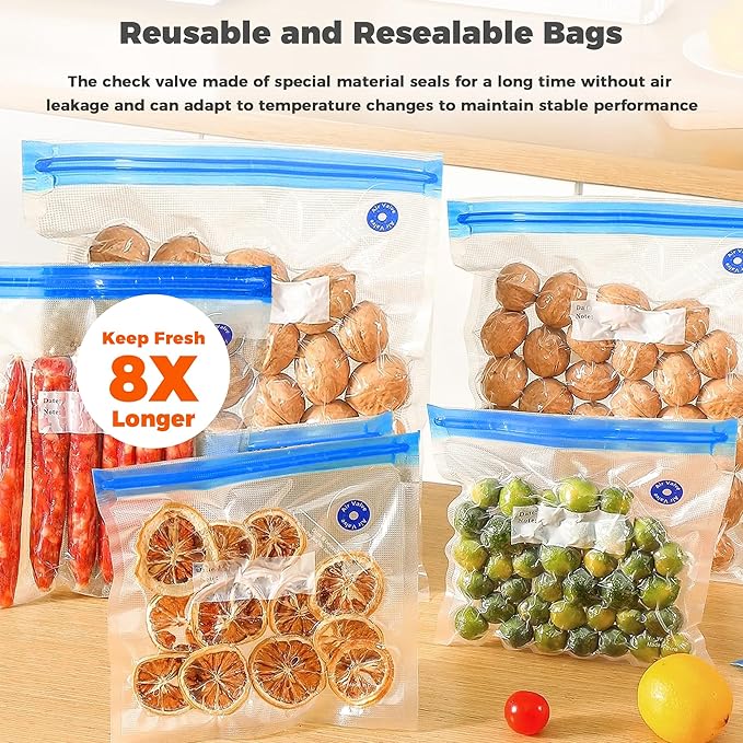 2-in-1 Handheld Vacuum Sealer for Food Storage Bags and Mason Jars (Vacuum Sealer + 30 Reusable Storage Bags + 4 Reusable Wide Mouth Jar Lids)