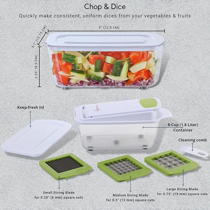 Brieftons QuickPush Food Chopper: Strongest & 200% More Container Capacity, 30% Heavier Duty, Fruit & Vegetable Chopper, Onion Chopper Vegetable Cutter, with 3 Dicer Blades & Keep-Fresh Lid, 5 Ebooks