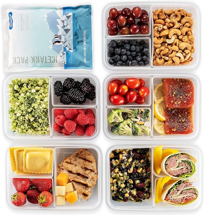 Komax Biokips Set of 5 Lunch Containers – 3 Compartment Food Container for Meal Prep, Portion Control – Microwave & Dishwasher Safe Bento Box Adult Lunch Container w/Locking Lid (37 oz)