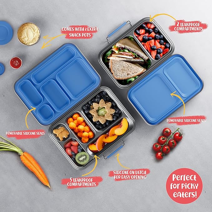 Stainless Steel Lunch Box for Kids, Leak Proof Bento Lunch Box BPA Free 304 Stainless Steel Bento Box Stainless Bento Box with Containers for School and Office(Blue)