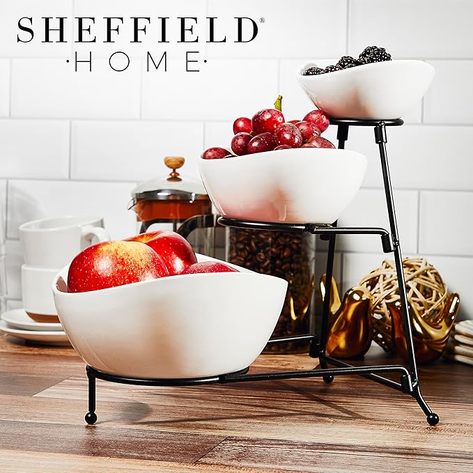 3 Tier Large Serving Bowls Set - Microwave & Dishwasher Safe Stoneware Fruit Bowl with Collapsible Black Metal Stand - Bowls for Kitchen, Dinner Parties, Desserts, Chip and Dip & Side Dishes (White)