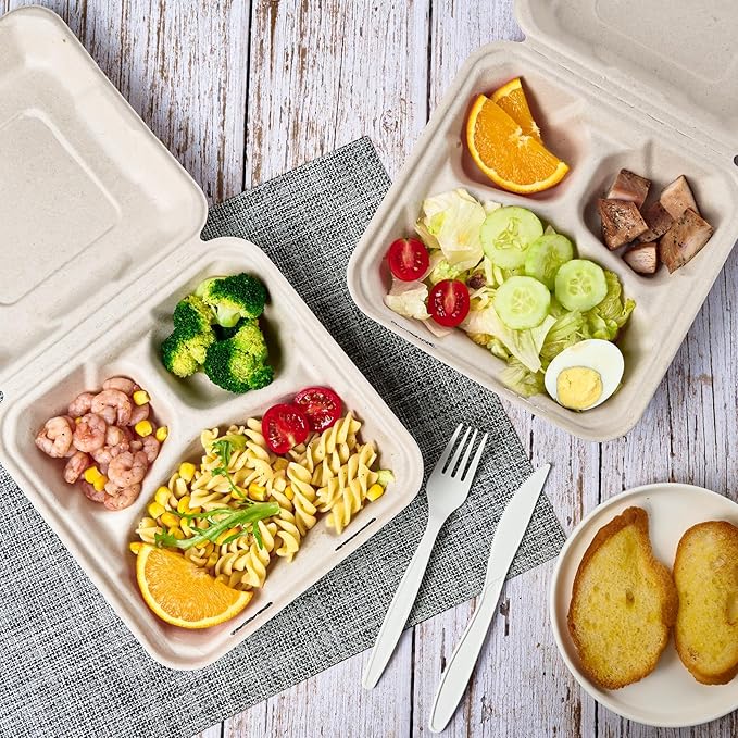ECOLipak 50 Pack Clamshell To Go Containers, 100% Compostable Disposable Take Out Food Containers, 8X8 3-Compartment Heavy-Duty To Go Boxes,Eco-Friendly Biodegradable To Go Containers For Food