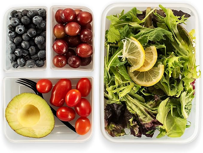 Komax Biokips Set of 5 Lunch Containers – 3 Compartment Food Container for Meal Prep, Portion Control – Microwave & Dishwasher Safe Bento Box Adult Lunch Container w/Locking Lid (37 oz)