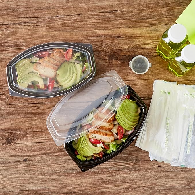 Restaurantware RW Base 28 Ounce Meal Prep Containers, 100 Microwavable To Go Containers With Lids - Disposable, Freezable, Black Plastic Oval Food Containers, Pack Hot And Cold Food, For Takeaway