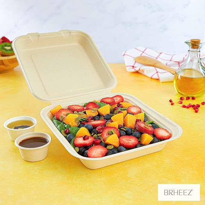 brheez Disposable Clamshell To-Go Containers – Bagasse Fiber Biodegradable Containers with Lids for Takeout, Parties, & Holidays – Pack of 50 Chemical-Free, 1-Compartment Boxes, 8"x8", Natural