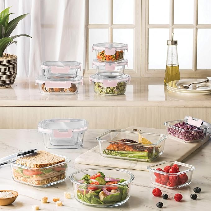 FineDine 24 Piece Glass Storage Containers with Lids - Leak Proof, Dishwasher Safe Glass Food Storage Containers for Meal Prep or Leftovers, Pink