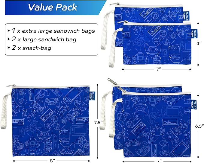 Nordic By Nature Reusable Sandwich Bag Snack Bags - Value Pack of 5 Dual Layer Lunch Baggies - Dishwasher Safe - Eco Friendly Cloth Wraps - Easy Open Zipper (Gamer Blue)