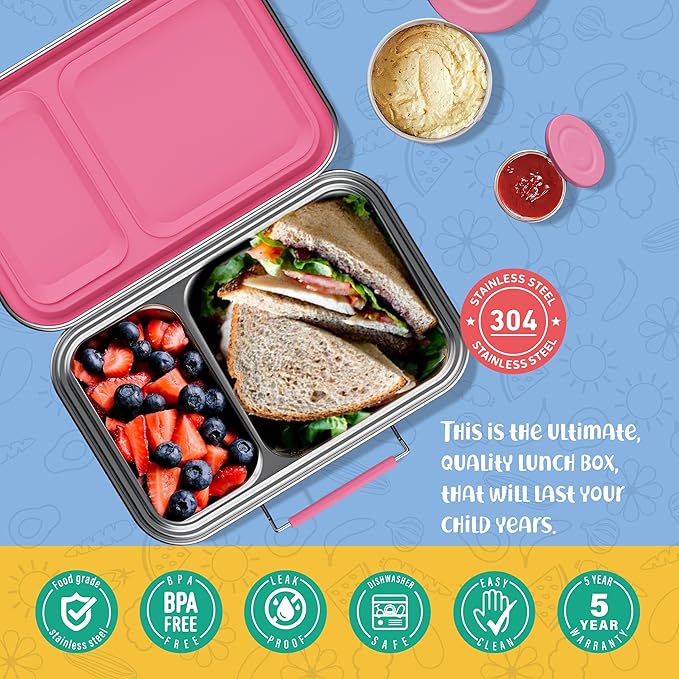 Stainless Steel Lunch Box for Kids, Leak Proof Bento Lunch Box BPA Free 304 Stainless Steel Bento Box Stainless Bento Box with Containers for School and Office(Pink)
