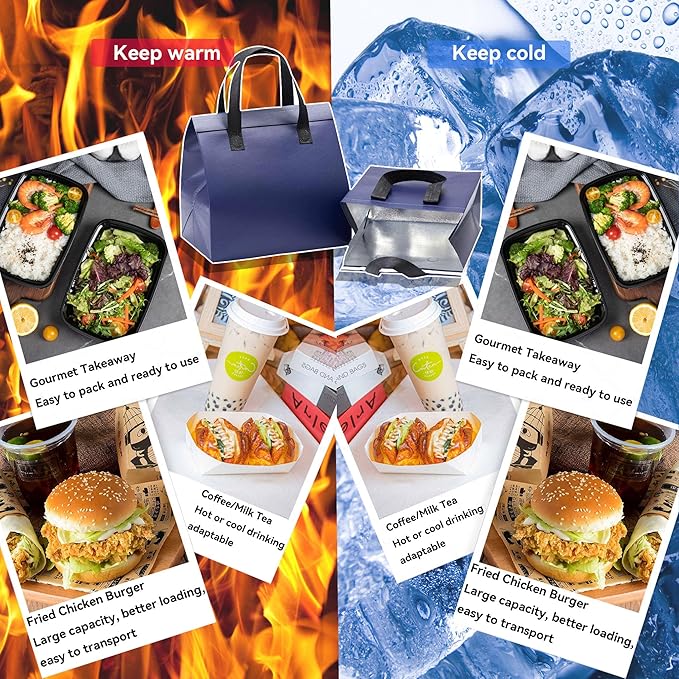 12 Pcs Insulated Take Away Bags, Disposable Lunch Bags For Food Takeaways, Coffee, Milk Tea, Seafood, Pizza, For Restaurants And Grocery Shops 9.5 x 6 x 10 In (Navy Blue)