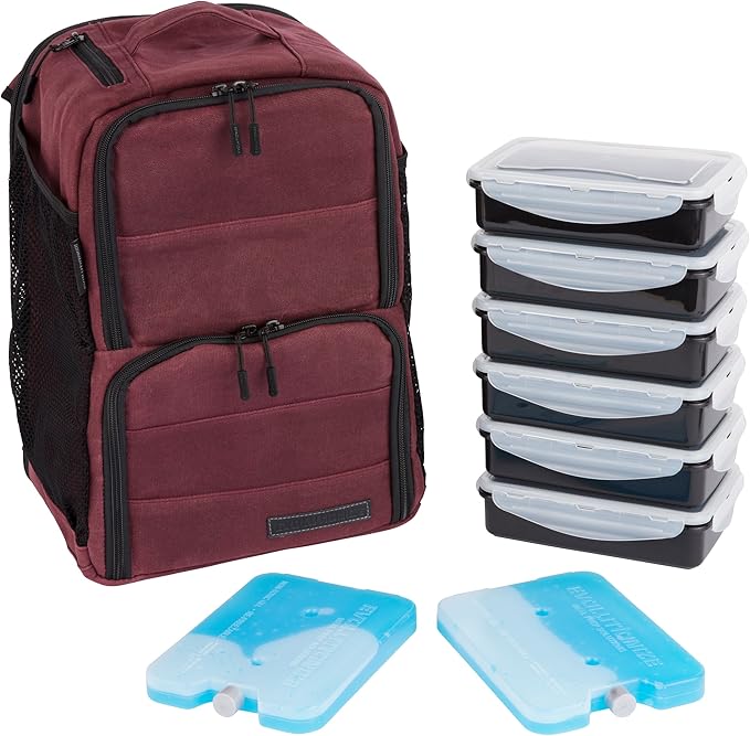 EDC Meal Prep Bag - Full Meal Prep Lunch Box Management System includes Portion Control Meal Prep Containers + Ice Pack (3 Meal Insulated Cooler Bag, Black) (6 meal (Backpack), Maroon (Waxed Canvas))