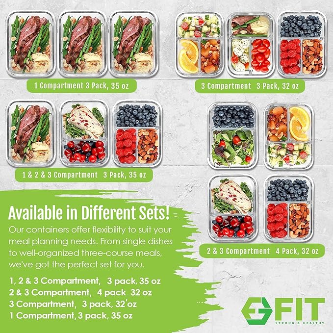 FIT Strong & Healthy 2 & 3 Compartments Glass Meal Prep Containers – Portion Control Containers, Food Storage w/Lids, Freezer Safe, Leak-Proof Glass Lunch Box with Compartments, 32 oz, Beige, 4 Pack