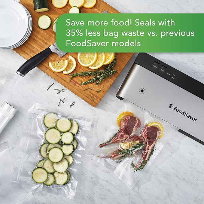 FoodSaver PowerVac Compact Vacuum Sealing Machine, Stainless Steel & Black, Vertical Storage, VS0150 | Preserves freshness, reduces bag waste, for both dry and wet food