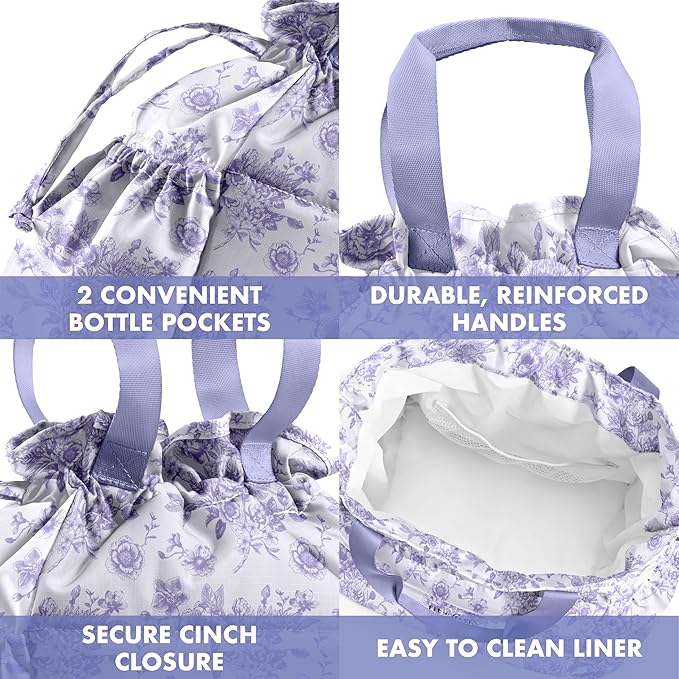 Fit & Fresh Lunch Bag For Women, Insulated Womens Lunch Bag For Work, Stain-Resistant Large Lunch Box For Women With Containers, Cinch Closure Cromwell Bag, Lavender Floral Toile