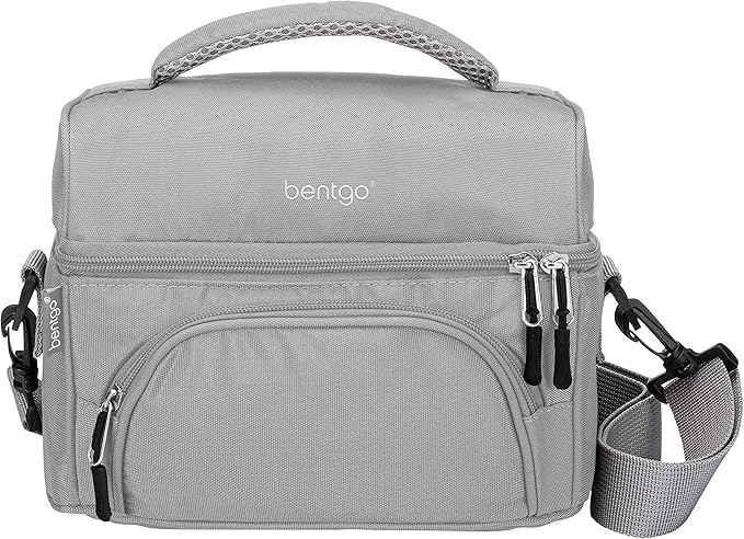 Bentgo Deluxe Lunch Bag - Durable and Insulated Lunch Tote with Zippered Outer Pocket, Internal Mesh Pocket, Padded & Adjustable Straps, & 2-Way Zippers - Fits Most Lunch Boxes (Gray)