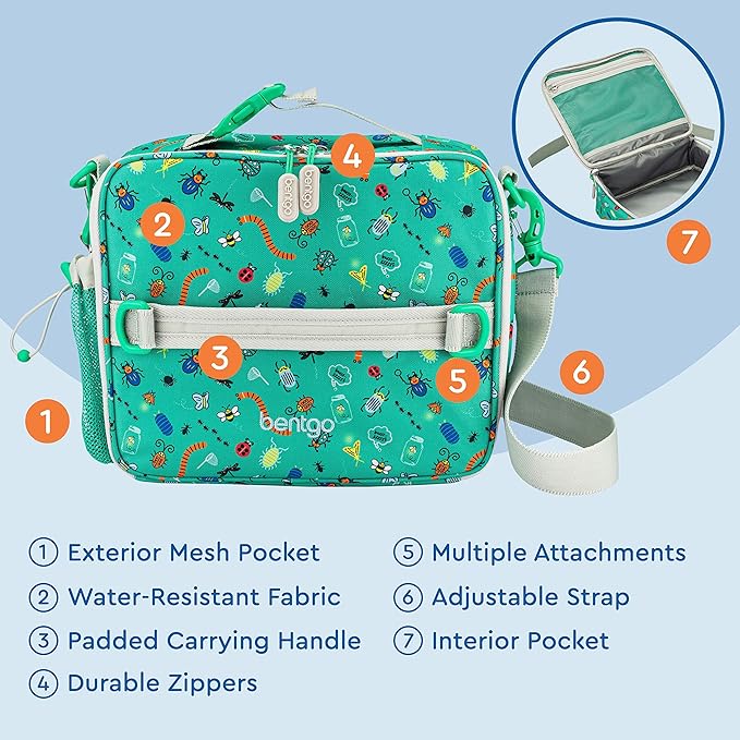 Bentgo Prints Insulated Lunch Bag Set With Kids Bento-Style Lunch Box (Bug Buddies)
