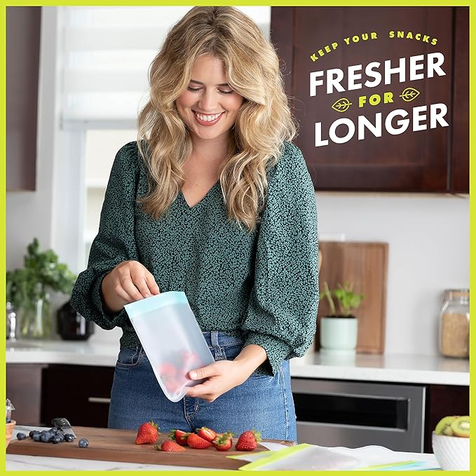 10 Pack Dishwasher Safe Reusable Food Storage Bags - Extra Thick Leakproof Silicone Freezer Bags, Reusable Lunch Bag for Salad Fruit Travel - 2 Gallon, 4 Sandwich, and 4 Snack Bags