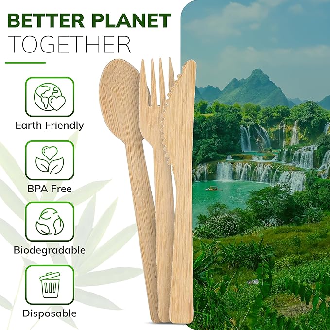 Wooden Cutlery Set - 100 Pcs Disposable Bamboo Forks, Spoons, Knives - Compostable 100% Natural Bamboo Utensils for Parties, Picnics, Camping, Weddings - Eco-Conscious Dining Supplies
