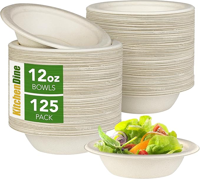 125 pack |12 oz Heavy Duty Paper Bowls | 100% Compostable Paper Plate | Disposable Biodegradable | Natural Brown, Round | Large Dinner Plate