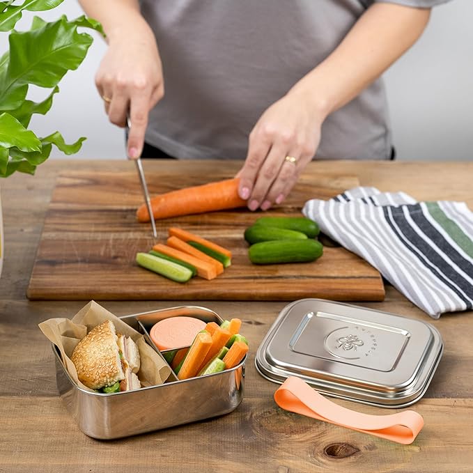 Everusely - Bento Box for Kids - Orange, 6.5x4.7 / 27oz - Stainless Steel Lunch Box w/Leakproof Condiment Container - 3 Compartment Snack Box for School, Office Meals - Freezer & Dishwasher Safe