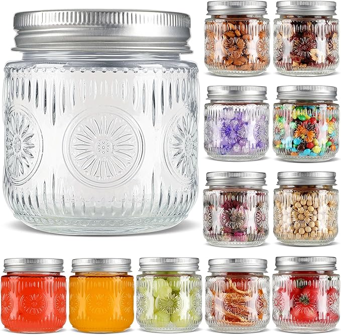 Mason Jars 8 oz - Small Glass Mason Jars with Silver Metal Lids, Regular Mouth Canning Jars, Safe For Storage, Canning, Pickling, Preserving, Fermenting, DIY Crafts & Decor (12Pack)