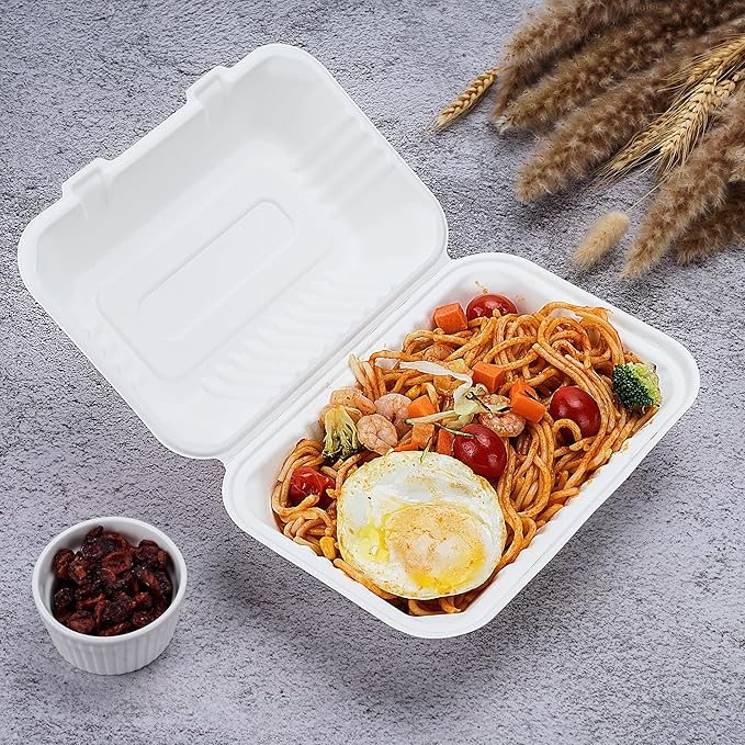 75 Pack 9”x6” Take Out Containers with Lids, EXTRA Sturdy To Go Food Containers, 100% Compostable Clamshell Take Out Containers, To Go Boxes for Food
