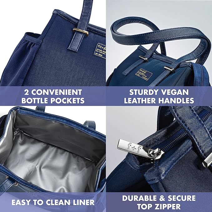 Fit & Fresh Lunch Bag For Women, Insulated Womens Lunch Bag For Work, Leakproof & Stain-Resistant Large Lunch Box For Women With Container and Matching Bottle, Zipper Closure Copley Bag Navy