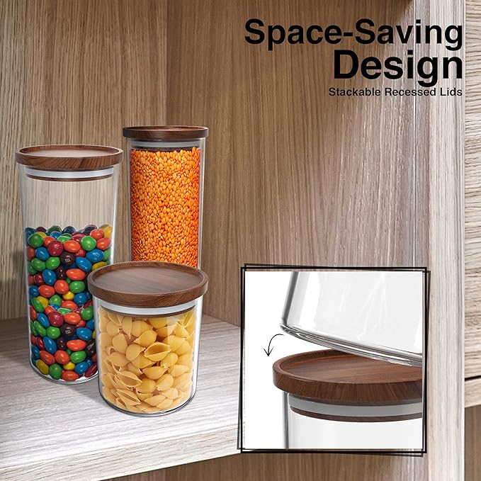 Glass Jars with Wood Lids Set of (2) 28 fl oz Airtight and Stackable Storage Containers for the Kitchen or Pantry Canister Wooden Acacia Lid holds Food Coffee Pasta