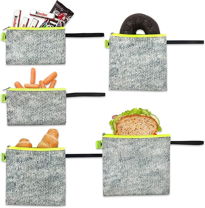 Nordic By Nature Reusable Sandwich Bag Snack Bags - Value Pack of 5 Dual Layer Lunch Baggies - Dishwasher Safe - Eco Friendly Cloth Wraps - Easy Open Zipper (Grey/Neon)