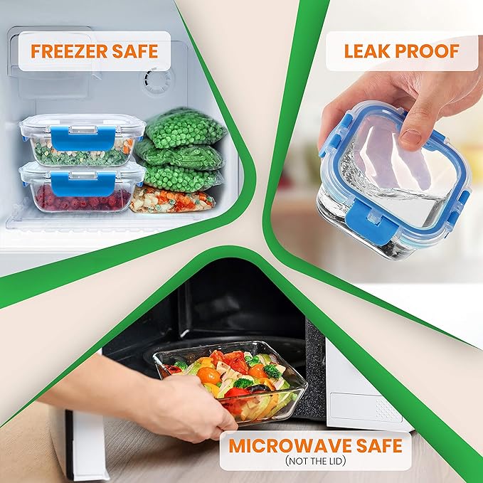 NutriChef 24-Piece Stackable Glass Food Storage Containers - Heavy Duty Meal Prep Containers w/Airtight Lids for Food, Snacks, Fruit - Microwave, Freezer, & Dishwasher Safe