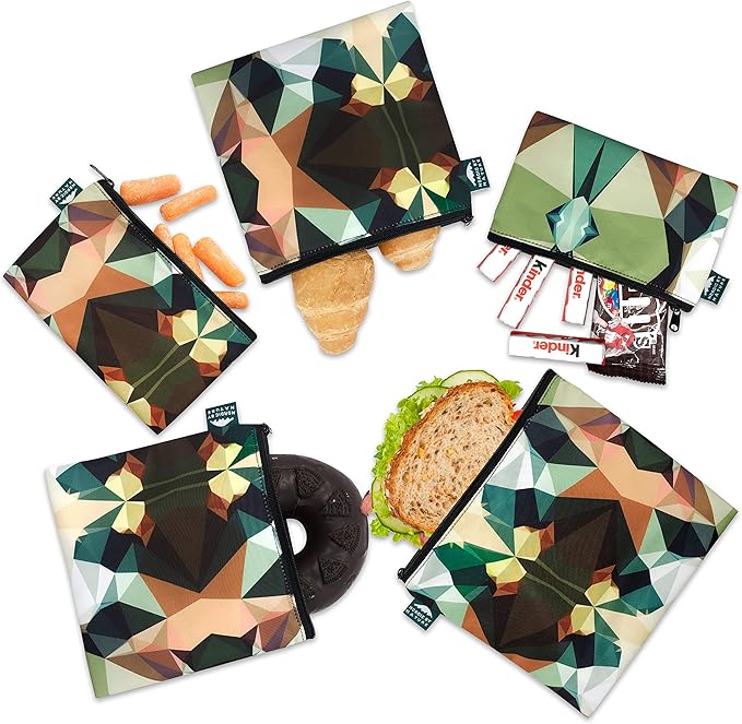 Nordic By Nature Reusable Sandwich Bag Snack Bags - Value Pack of 5 Dual Layer Lunch Baggies - Dishwasher Safe - Eco Friendly Cloth Wraps - Easy Open Zipper (Mosaic Camo)