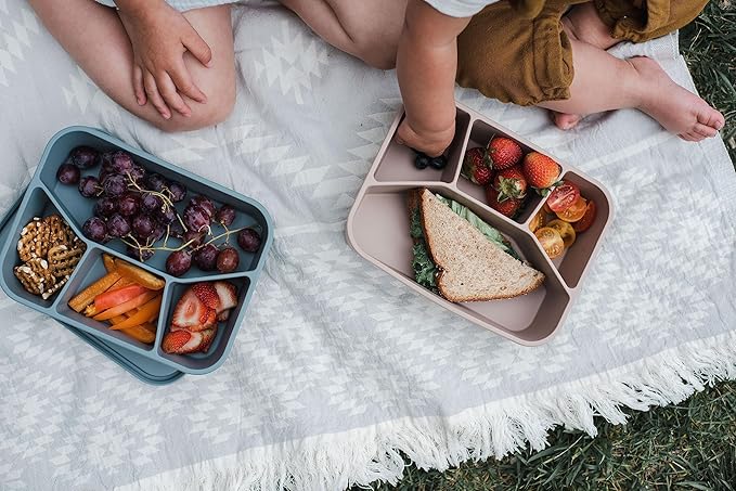 Spoondrift 100% Food Grade Eco-Friendly Leak-Proof Silicone Bento Box Lunchbox, Microwave Safe | For Child And Adult, 4 Compartment, Choose from 6 Colors, Includes 1 Box (Sand)