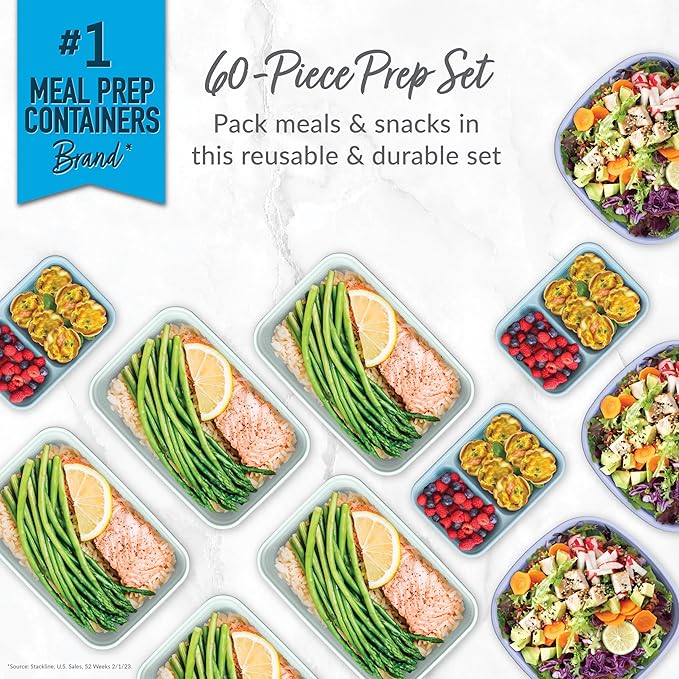 Bentgo Prep 60-Piece Variety Meal Prep Kit - Reusable Food Containers 1-Compartment Trays, Prep Bowls, & Snack Boxes for Healthy Eating - Microwave, Freezer, & Dishwasher Safe (Floral Pastels)