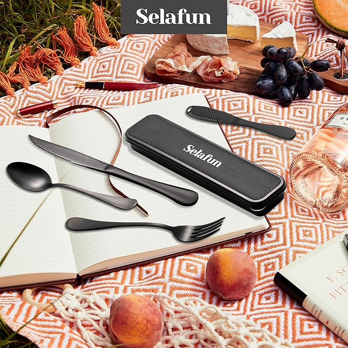 5-pieces Travel Set with Case Portable Silverware Utensils Set for work, Stainless Steel Reusable Flatware Set Cutlery Set for Camping Picnic Hiking Office, (matte black, 5.9)
