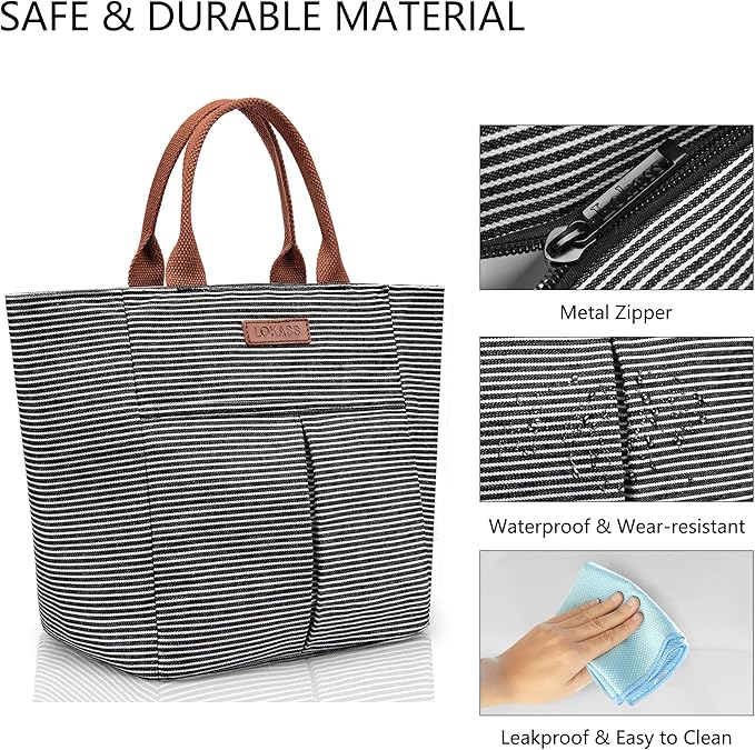 LOKASS Lunch Bag Women Insulated Lunch Box, Wide-Open Lunch Tote Bag Leak-proof Cooler Bag for Work Picnic- (Stripe)