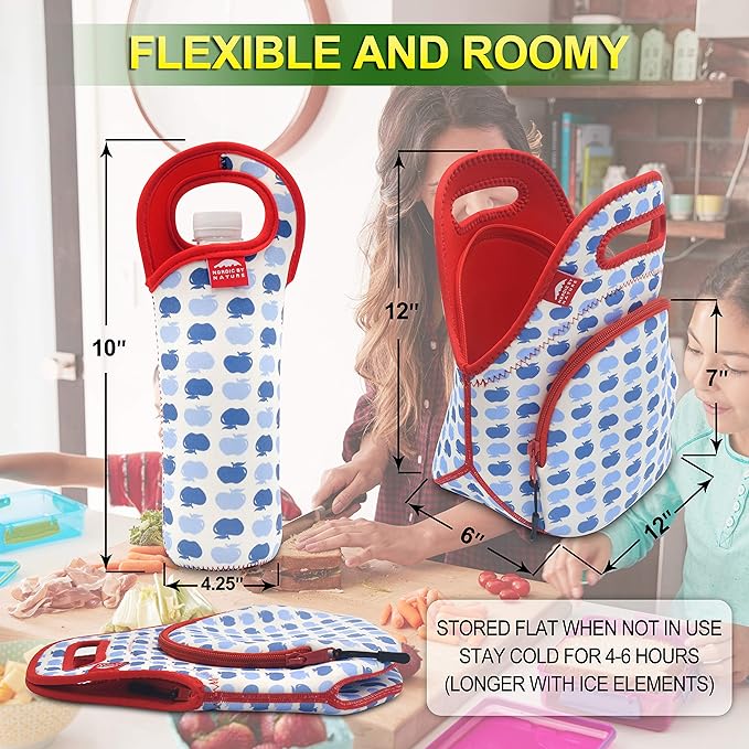 Nordic By Nature Neoprene Reusable Lunch Bag For Women, Apple Red, 12"l X 12"h X 6.5"w