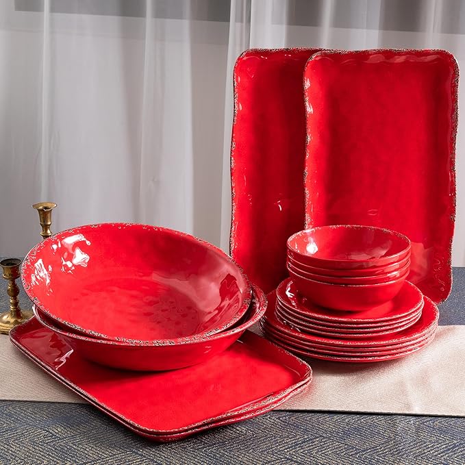 Christmas Large Melamine Serving Tray with Handle, Crackled Rustic Rectangle Melamine Serving Platter for Serving Food, Coffee Table Tray, Entertaining & Party Use, Set of 2, Christmas Red