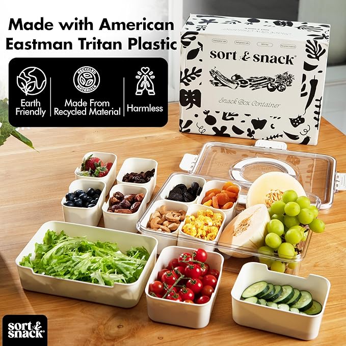Sort & Snack 10 in 1 Large Snackle Box Container, Dishwasher safe snackle box, Customizable Snack Box, Veggie Tray with Lid, Divided Serving Tray with Lid, Travel Snack Container, Snack Organizer