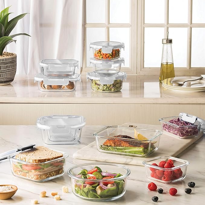 FineDine 24 Piece Glass Storage Containers with Lids - Leak Proof, Dishwasher Safe Glass Food Storage Containers for Meal Prep or Leftovers, White