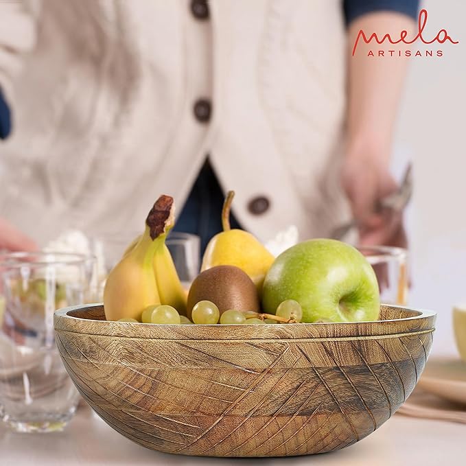 Mela Artisans 12'' Wooden Fruit Bowl, Large Serving Bowl for Salads, Cereals, Snacks & Mixing | Decorative Bowls for Kitchen | Jai Valley Collection