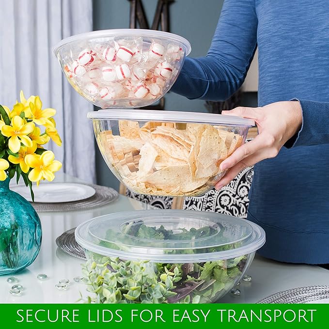 PLASTICPRO Disposable Combo Set of Salad Bowl With Lids Includes 4, 48 Ounce 4, 96 oz 4, 150 Ounce Round Crystal Clear Plastic Serving Bowl