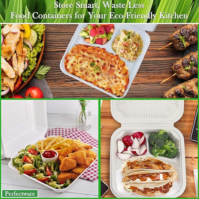 100% Compostable 3 Comp Take Out Food Containers 9x9. 25 Containers, Natural Disposable Bagasse, Eco-Friendly Biodegradable Made of Sugar Cane, Green (PW3comptbagasse-25ct)