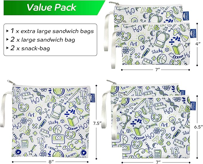 Nordic By Nature Reusable Sandwich Bag Snack Bags - Value Pack of 5 Dual Layer Lunch Baggies - Dishwasher Safe - Eco Friendly Cloth Wraps - Easy Open Zipper (Back to School)