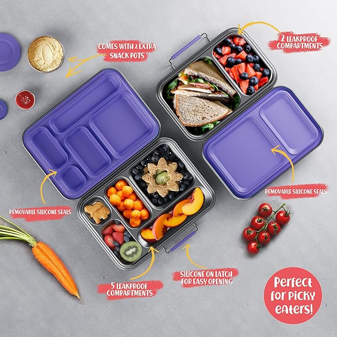 Stainless Steel Lunch Box for Kids, Leak Proof Bento Lunch Box BPA Free 304 Stainless Steel Bento Box Stainless Bento Box with Containers for School and Office(Purple)