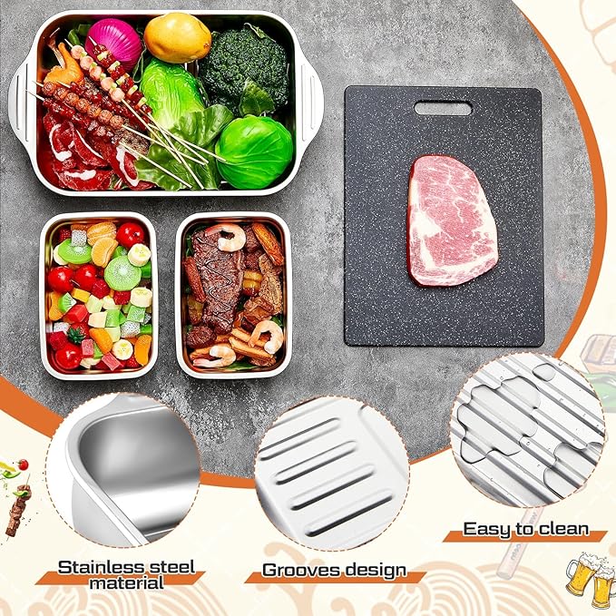 4 Pcs Grill Prep Trays Set Includes Stainless Steel Grilling Prep and Serve Tray Grill Platter 2 Marinade Container with Lids and Cutting Board for BBQ Outdoor Grilling (Deep Tray)