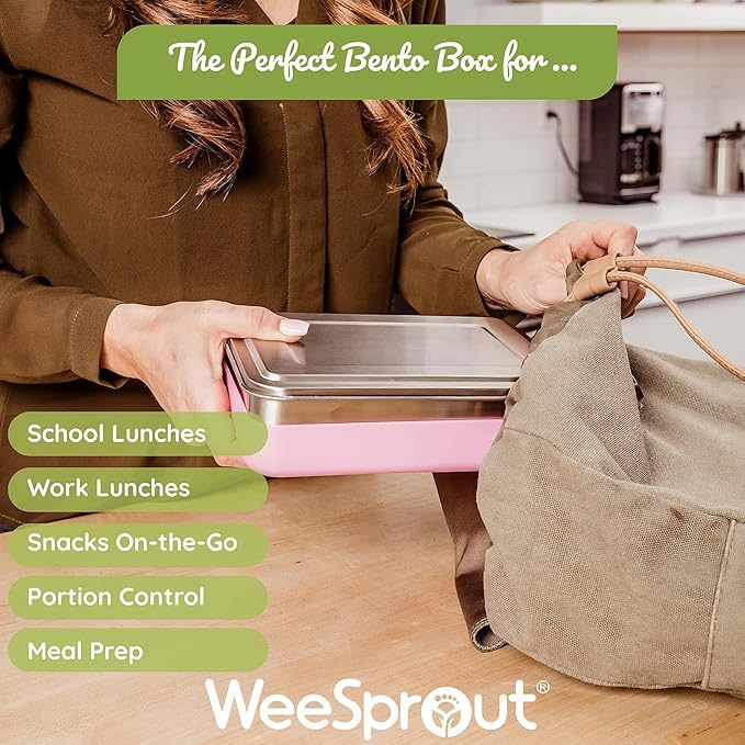 WeeSprout 18/8 Stainless Steel Bento Box (Large) - 3 Compartment Metal Lunch Box, for Kids & Adults, Bonus Dip Container, Fits in Lunch & Work Bags, Dishwasher & Freezer Friendly
