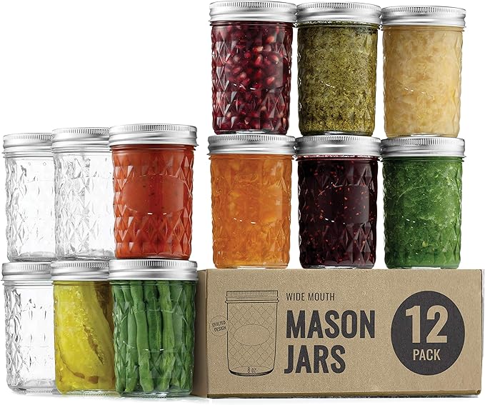 Paksh Novelty Mason Jars - 12-Pack Quilted Glass Jars with Lid & Seal Bands - Airtight Container for Pickling, Canning, Candles