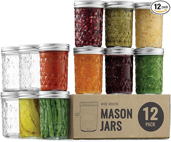 Paksh Novelty Mason Jars - 12-Pack Quilted Glass Jars with Lid & Seal Bands - Airtight Container for Pickling, Canning, Candles