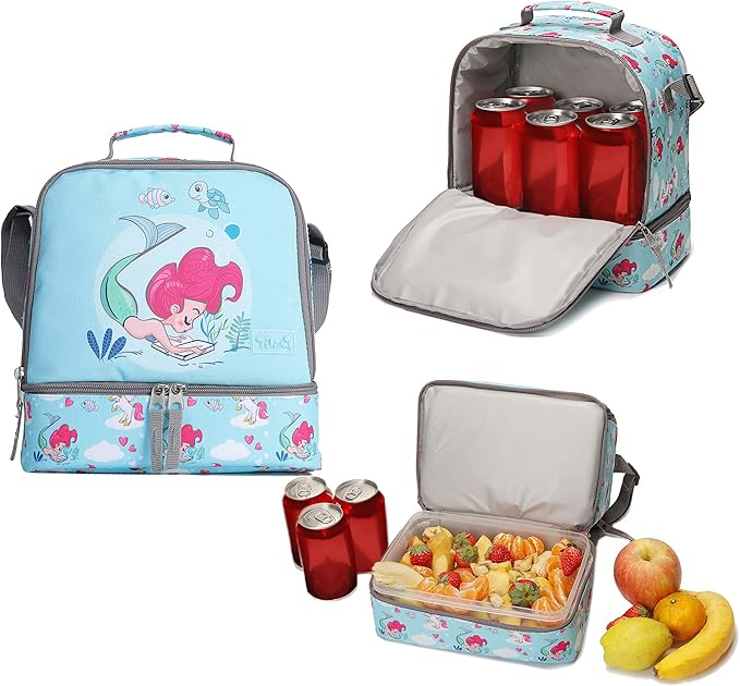 Tilami Lunch Bags Insulated Adjustable Strap Zipper, Two Compartments Cooler Bags, Bento Bags for Kids Toddlers (Mermaid)
